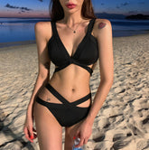 Sexy three-point bikini split two-piece black lace-up swimsuit