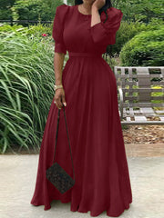 ZANZEA ladies European and American style temperament solid color round neck bubble half-sleeved street fashion trend elegant long skirt waist is thin spring and summer leisure bohemian resort style long dress S-5XL