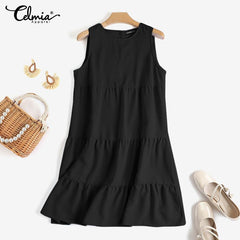 Celmia Elegant Dresses For Women 2022 Solid O Neck Sleeveless Slip Dress Pleated A-Line Vestidos Bohemian Party Casual Summer Plus Size Short Dresses