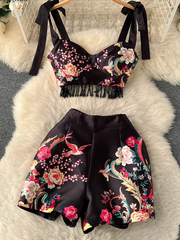 Spring and summer new women's retro court style printing suit women's strappy fringed suspender top + waist wide-leg shorts two-piece set 7.29