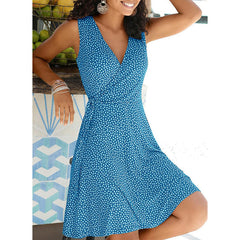 New Casual Polka Dot Dress Women V Neck Sleeveless Bandage Beach Dress Summer Boho Dress Women Plus Size