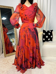 Red Elegant Print Ruffle Dress