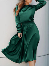 ZANZEA ladies European and American style party style satin gloss elegant knee-length skirt temperament solid color round neck bubble long sleeve waist slimming mid-length skirt fashion trend loose spring and autumn daily leisure holiday dress large size