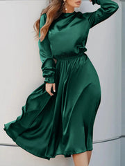 ZANZEA ladies European and American style party style satin gloss elegant knee-length skirt temperament solid color round neck bubble long sleeve waist slimming mid-length skirt fashion trend loose spring and autumn daily leisure holiday dress large size