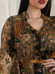 Yellow Vintage Print Chiffon Tie Dress