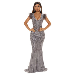 European and American fashion new bag hip skirt shoulder feather long sequin sexy evening dress dress