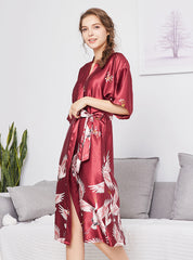 sleepwear Home Clothing Women Silky Satin Kimono Bathrobe Dress Gown Flower Long Sleepwear Casual Print Half Sleeve Women Nightdress Sexy Pajamas