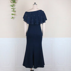 Women Long Dress Off Shoulder Bead Bodycon Ruffles Navy Blue Slit Plus Size 4XL 5XL Evening Birthday Party Occasion Event Summer