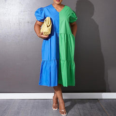 VONDA Plus Size Elegant Contrast Color V-neck Short-sleeved Stitching A- Women's Dress Daily Causal Summer Hoilday Dress