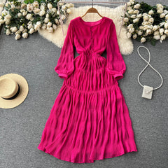 New pleated solid color dress female waist slim chiffon A-word  loose elegant knee-length dress