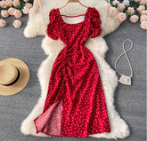 Square collar polka dot dress short-sleeved new summer French style waist sweet temperament puff sleeves big dress