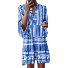 Printed Summer Flare Long Sleeve Dress Women Elegant Ruffle V Neck Stripe Boho Beach Mini Dress Women Loose A-Line Dress