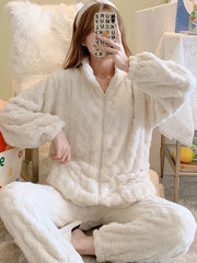 Autumn and winter women's warm solid color cut velvet plush pajamas homewear set