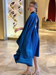 Dark Blue Elegant Satin Backless Fringed Diamond Dress