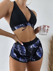 Three-piece bikini gathered halter neck leaf print sports fashion foreign trade swimsuit