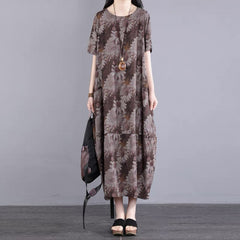 Real shot 2023 summer large size loose dress new retro color printing round neck mid-length short-sleeved cotton and linen dress women