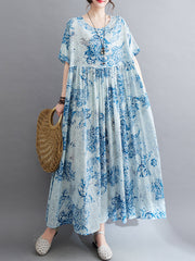 Mori girl pastoral style summer new literary large size women's clothing light and comfortable cotton and linen printed short-sleeved dress female