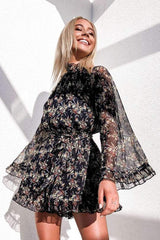 Long-sleeved dress, short skirt, printed short skirt, chiffon temperament, commuter women's clothing