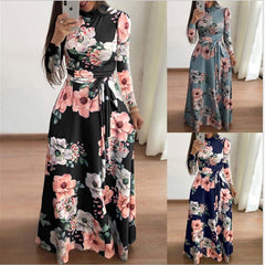 Autumn And Winter Women New Style 2022 Dress Print Street Long-sleeved High-neck Tie Long Casual