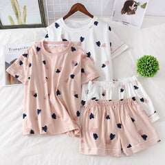 Women's Pajamas Cotton Sleepwear Suit Home Clothes Heart Print Pijama Mujer Summer Pyjamas Femme Nightgown
