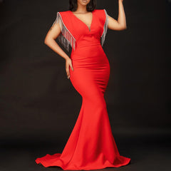 European and American plus size women's V-neck sexy fringed dress