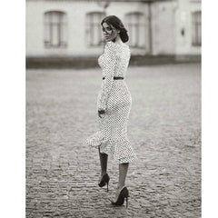 Elegant White Knotted Strap Polka dot Mermaid Hem Summer Pencil Midi Dress Women Slim Bodycon Office Lady Ruffle Dresses