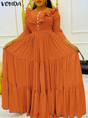 VONDA Elegant Dresses For Women 2022 Polka Dot O Neck Long Sleeve Spliced Ruffles Pleated A-Line Vestidos Bohemian Party Casual Plus Size Long Dress