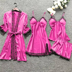 Lace Up Lingerie Pajamas Set Nightdress Women Long Silk Dressing Gown Bath Robe Sleep Wear Four piece Suit Sleepwear