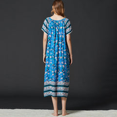 New Nightdress Women Viscose Short Sleeve Floral Nightgown Elastic Collar Long Dressing Gown Summer Sleepdress Casual Homewear