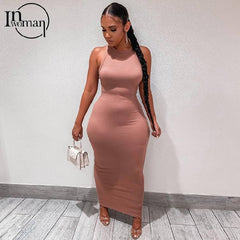 Inwoman Ribbed Knitted Summer Black White Maxi Dress Women 2021 Party Bodycon Long Dress Sundress Ladies Brown Wrap Dresses