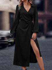 ZANZEA Sexy Lapel Collar Dresses Women Elegant Pleats Waisted Long Vestido Long Puff Sleeve Wrap Dress Holiday Solid Midi Robes