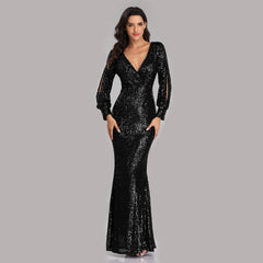 European and American women's dress multi-color large size long-sleeved V-neck sequined mermaid evening dress