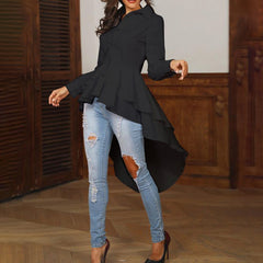 ZANZ women's elegant ruffled shirt spring and autumn loose casual lapel long-sleeved irregular solid color shirt skirt large size top women's European and American bohemian style