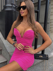 AHAgaga Sexy V-Neck Prom Sling Dress Women Fashion Green Bodycon Ruched Spaghetti Strap Dresses Women Mini Sundres Vestidos Robe