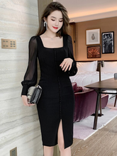 Fashion French Style Women Retro Square Collar Split Midi Party Dress Elegant Sexy Street Clothes Backless Bodycon Pencil Dress