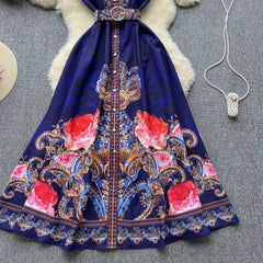 Retro Palace Style Lapel Printed Elegant Dress Female Summer