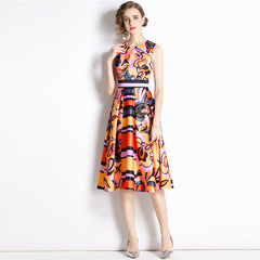 فستان ريترو بخصر تنحيف بدون أكمام مطبوع متوسط الطول