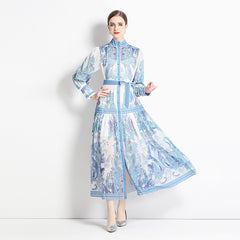 Spring Summer Floral Printed Long Sleeve Stand Collar Chiffon Dress Women Elegant A-line Long Dresses With Belt