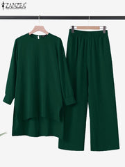 ZANZEA Women Solid Sets O-Neck Long Sleeve Blouses Ankle Length Bottoms Casual Loose Fashion Suits Ladies Daily Blouses+Trousers Plus Size