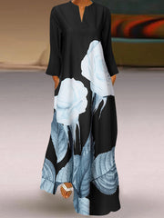 ZANZEA women's European and American temperament contrast flower print small V-neck long sleeve pocket pocket fashion trend elegant long dress loose spring and autumn daily casual bohemian resort style long dress S-5XL