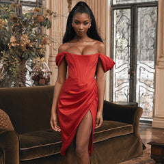 Women's Sexy Off Shoulder Split Corset Satin Dress Strapless Ruched Bodycon Midi Dress Nightclub Wedding Cocktail Party Wear
