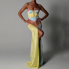 Tinastyle Chains Strap Sexy Satin Dress Women Short Lace Patchwork Bodycon Mini Party Dress Vestidos Y2K Nightclub Streetwear