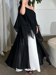 Black and white paneling elegant chiffon pleated dress