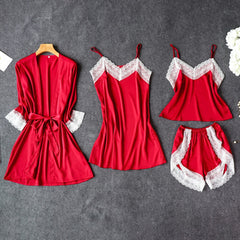 Pajamas Sexy Four-piece Suit Simulation Silk Suspender Nightgown with Chest Pad Ladies Can Wear Nightdress