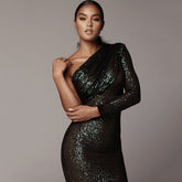 European and American one-shoulder dress oblique collar wrapped chest evening dress fashion sequins nightclub sexy women's clothing