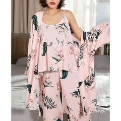 طقم ملابس منزلية للسيدات يابانيات مكون من ثلاث قطع حزام طباعة نباتي غير رسمي + بنطلون + طقم بيجامة للسيدات ثوب نوم