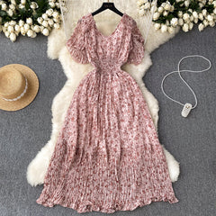 Summer gentle wind chiffon print dress sweet V-neck high waist slim floral dress A-word dress