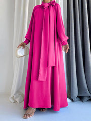 ZANZEA Fashion Bow Tie Neck Baggy Dresses Women Casual Puff Sleeve Solid Color Oversize Maxi Dress Elegant Party Long Robe