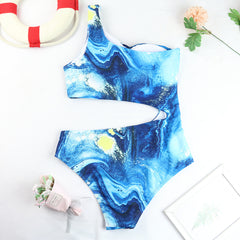 Hot spot new bikini European and American foreign trade swimsuit one-piece printed bikini wave pattern hollow swimsuit manufacturer