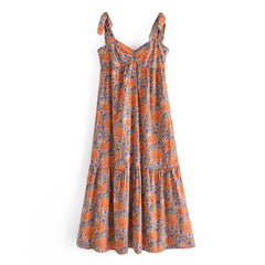 المرأة بوهو نمط الأزهار طباعة ميدي اللباس الصيف حزب السباغيتي حزام اللباس Femele ربطة القوس فيونكة أكمام ألف خط فساتين